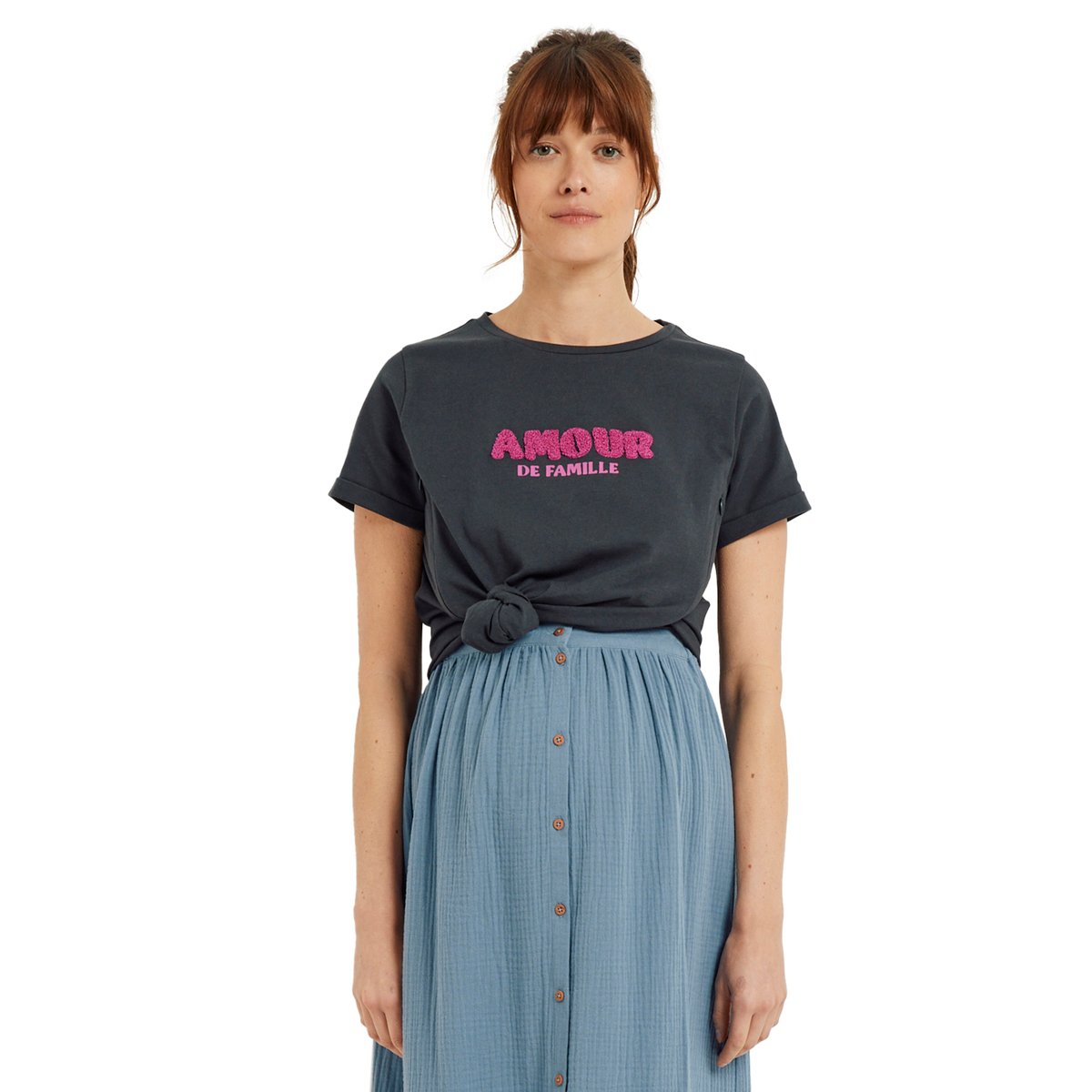 Tee-shirt grossesse et allaitement à message en coton bio gris fonce uni avec decor, VERTBAUDET