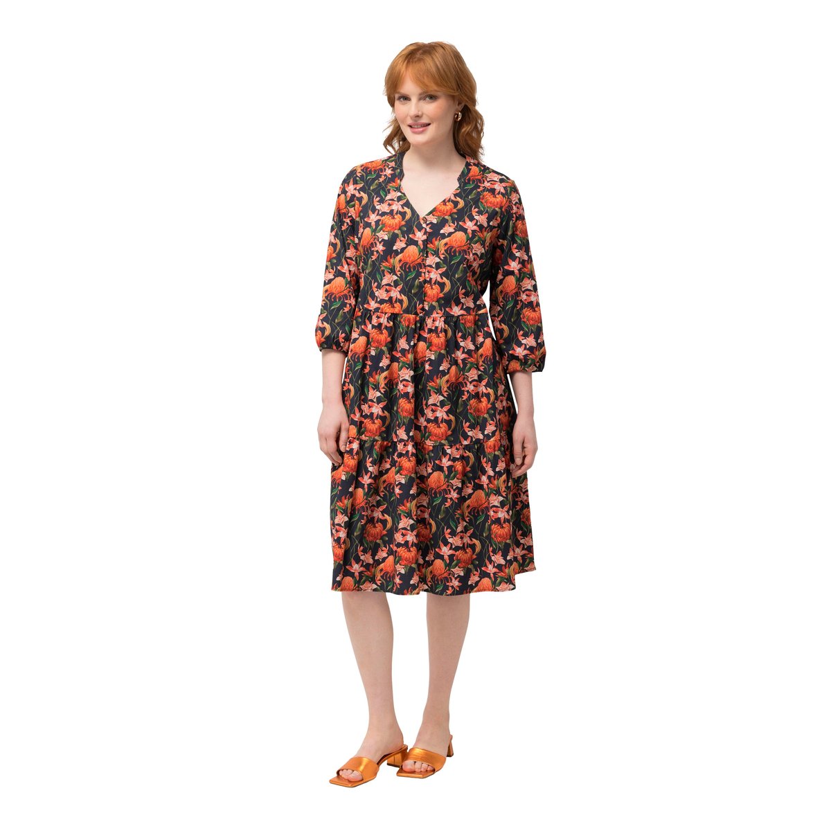 Robe tunique, magnolias, coupe évasée, col V marine, ULLA POPKEN