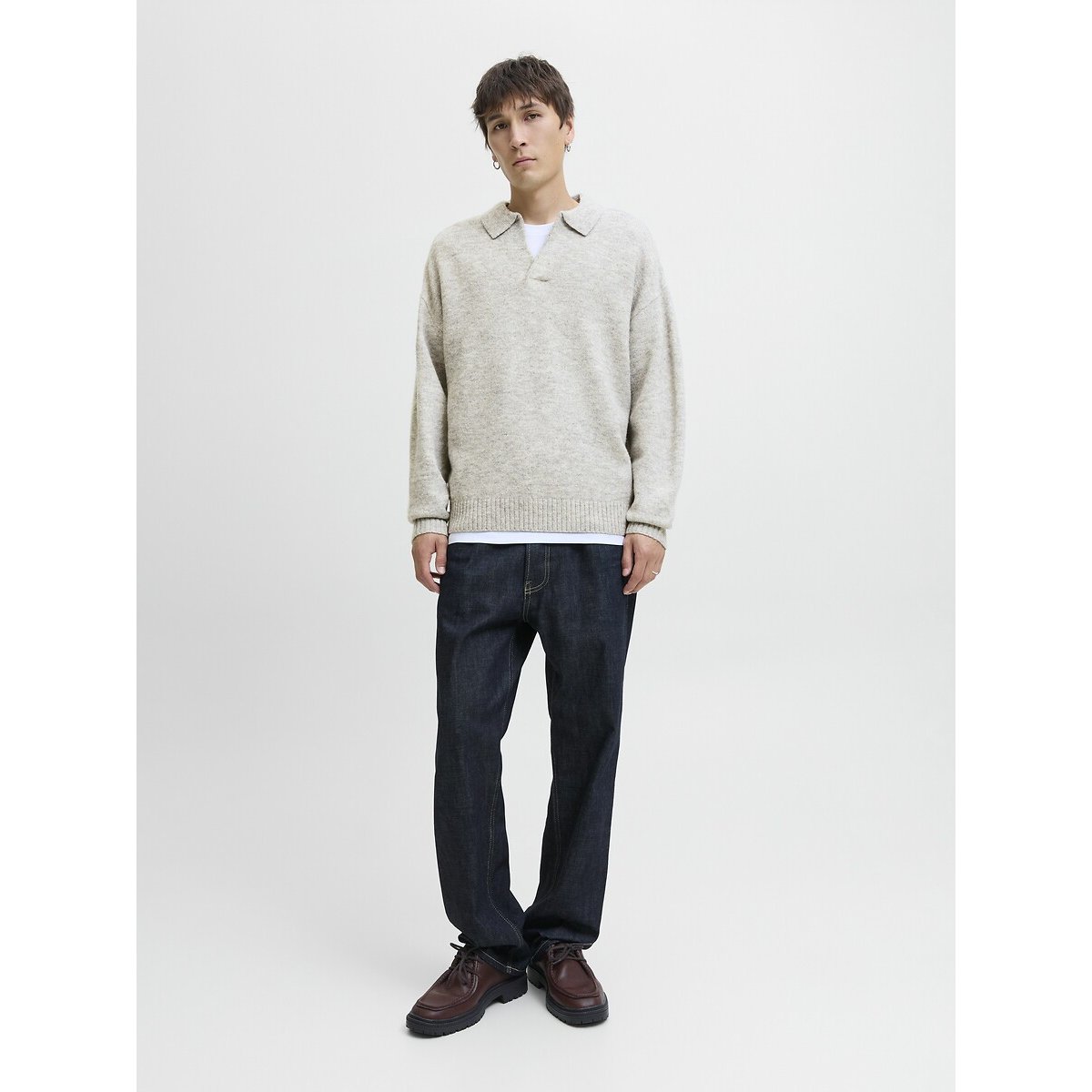 Pull col polo ouvert gris, JACK & JONES