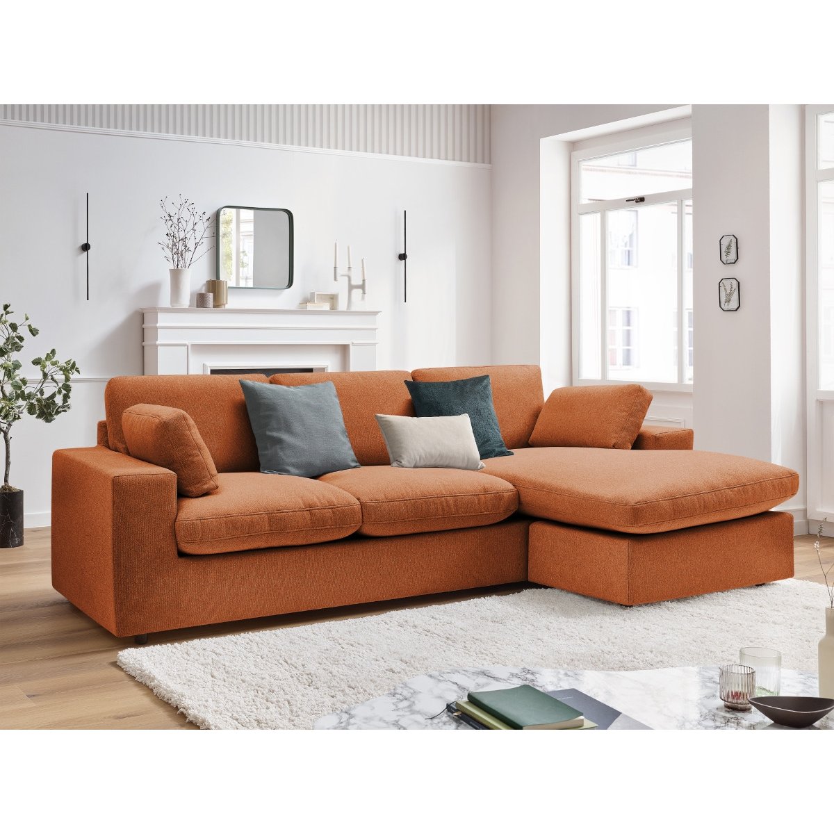 Canapé d'angle fixe 3 places en tissu, BELAIR orange, BOBOCHIC