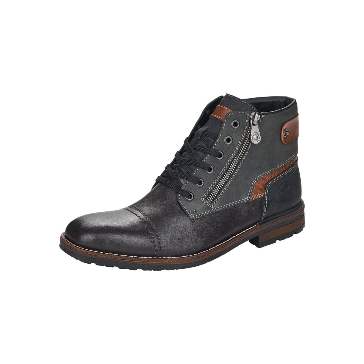 Bottines en cuir grises à talon décroché bas avec des lacets et 2 zips latéraux grises, RIEKER