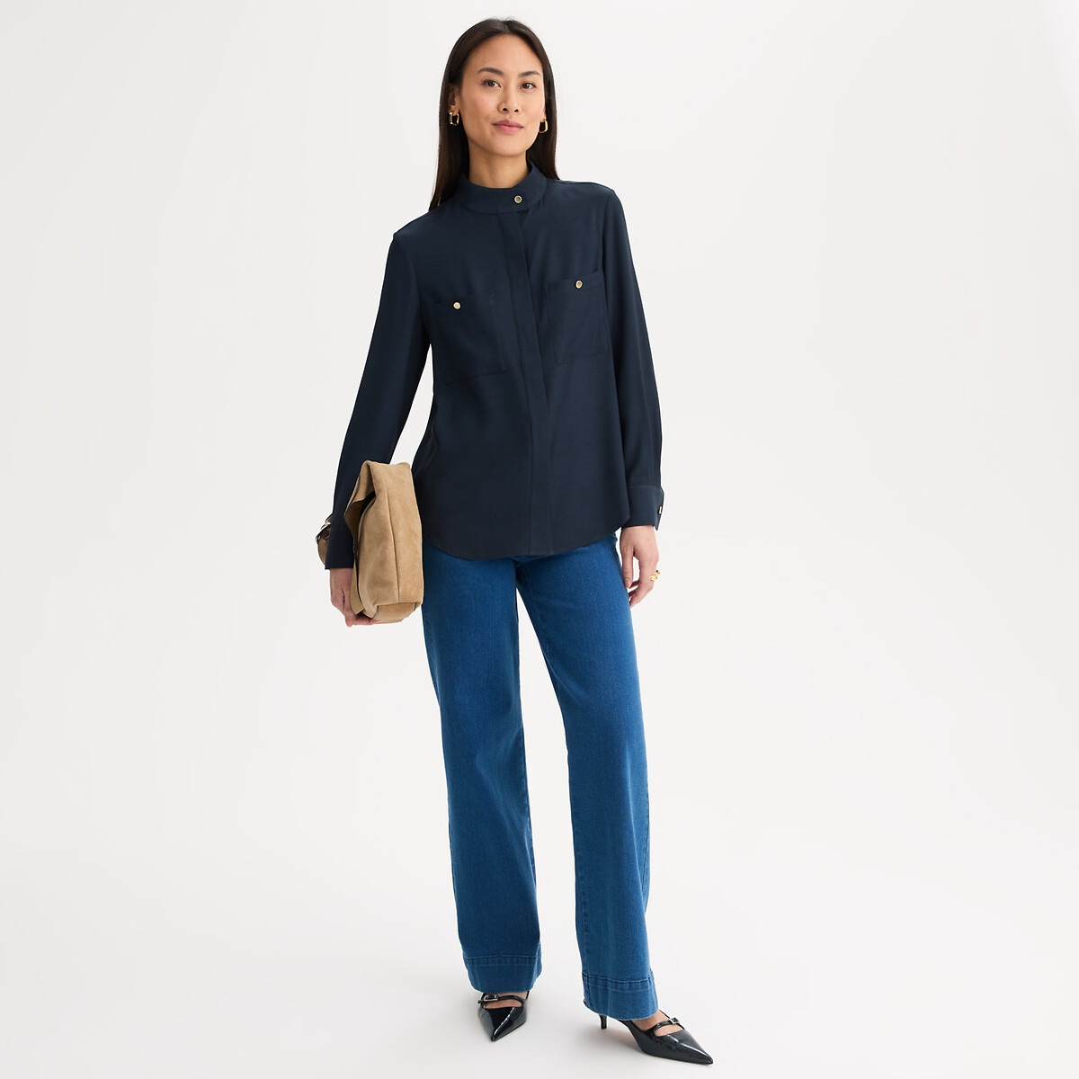 Chemise col mao manches longues en viscose bleu marine, ANNE WEYBURN