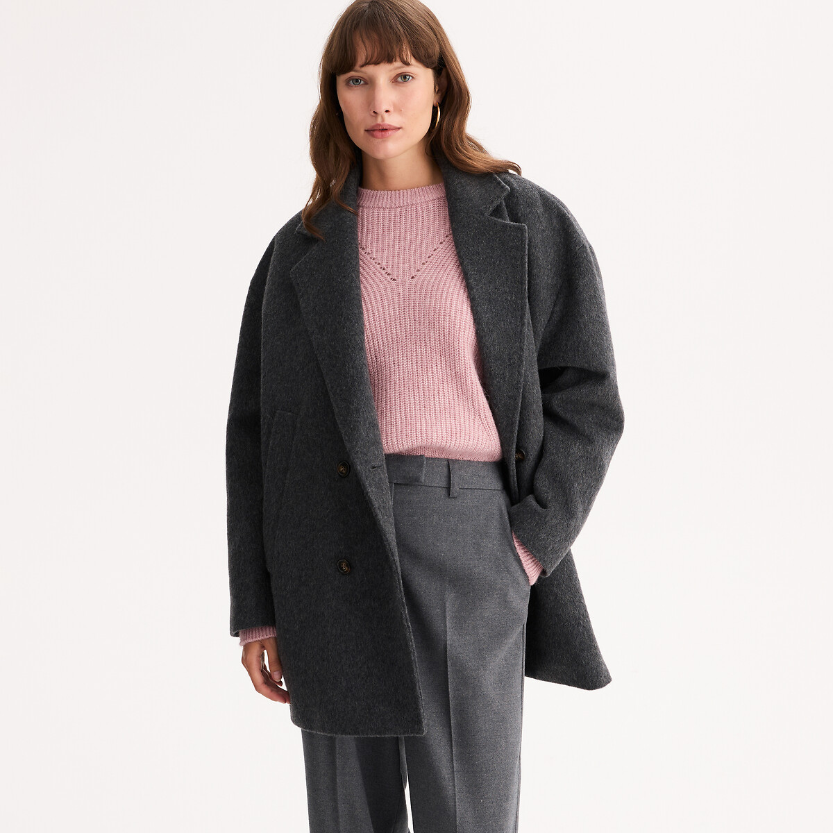 Manteau court, fermeture boutonnée, drap de laine anthracite, ANNE WEYBURN