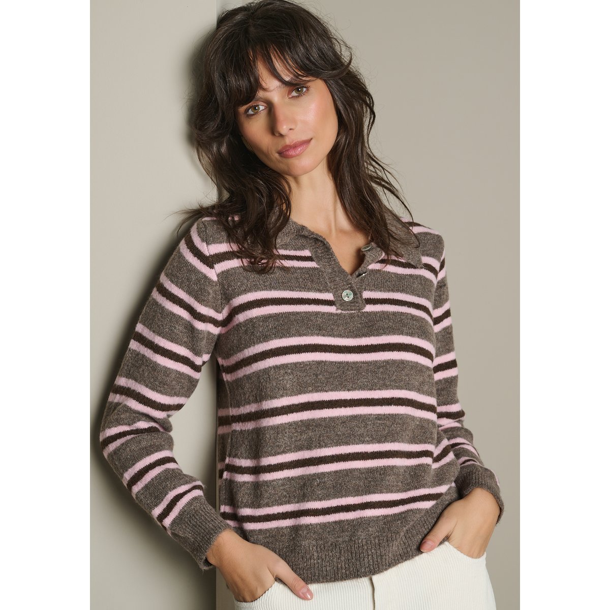 Pull polo à rayures taupe, LOLALIZA