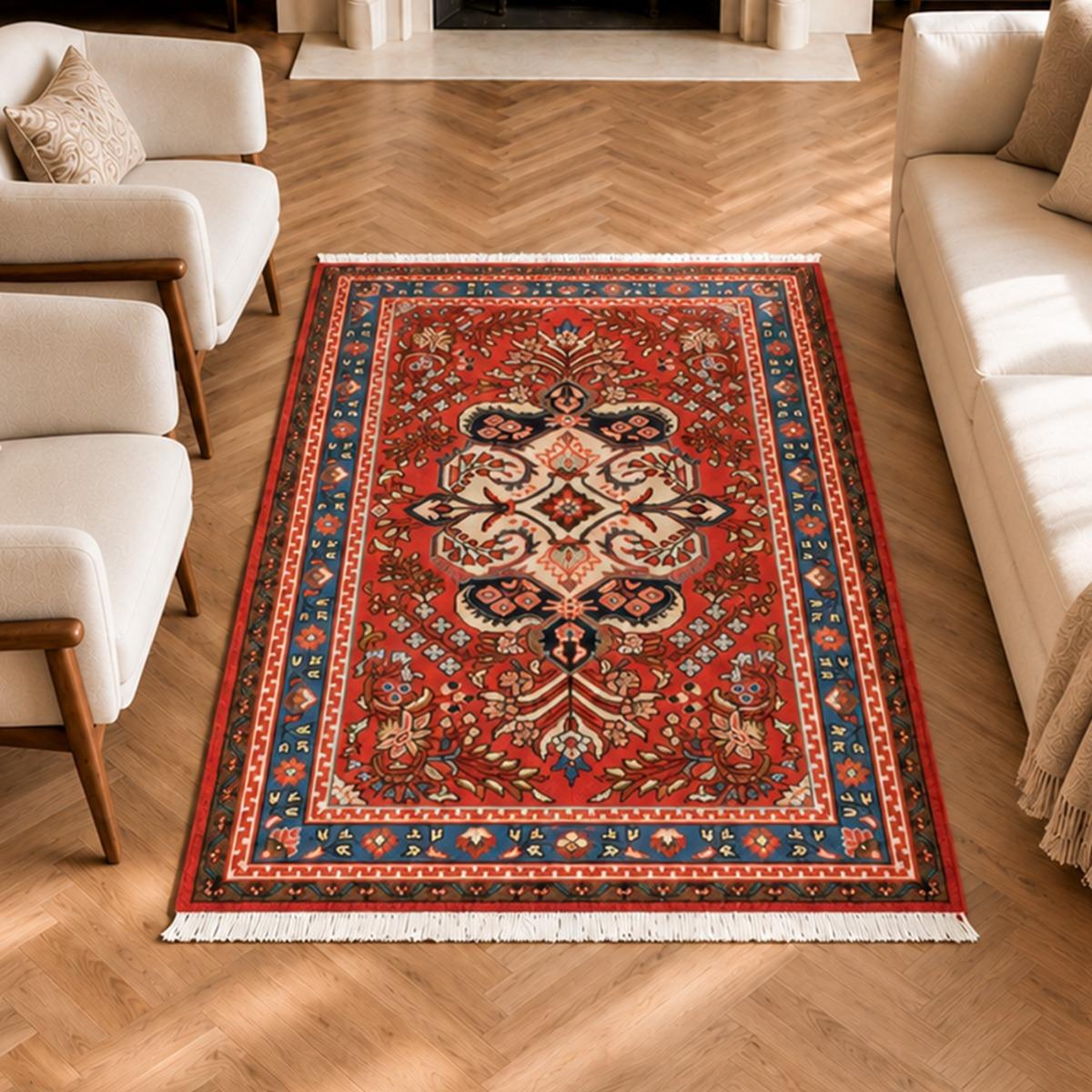 Tapis d'orient au motif oriental, noué main en laine, HAMADAN 36 rouge, bleu, crème, UN AMOUR DE TAPIS