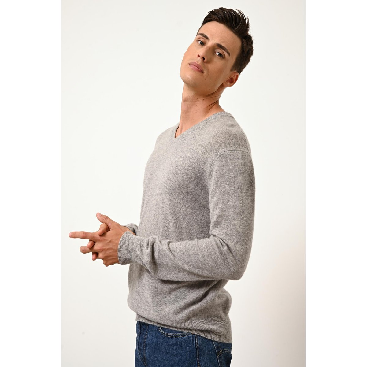 Pull Col V  Nuage Chiné Walt gris clair chiné, JUST CASHMERE