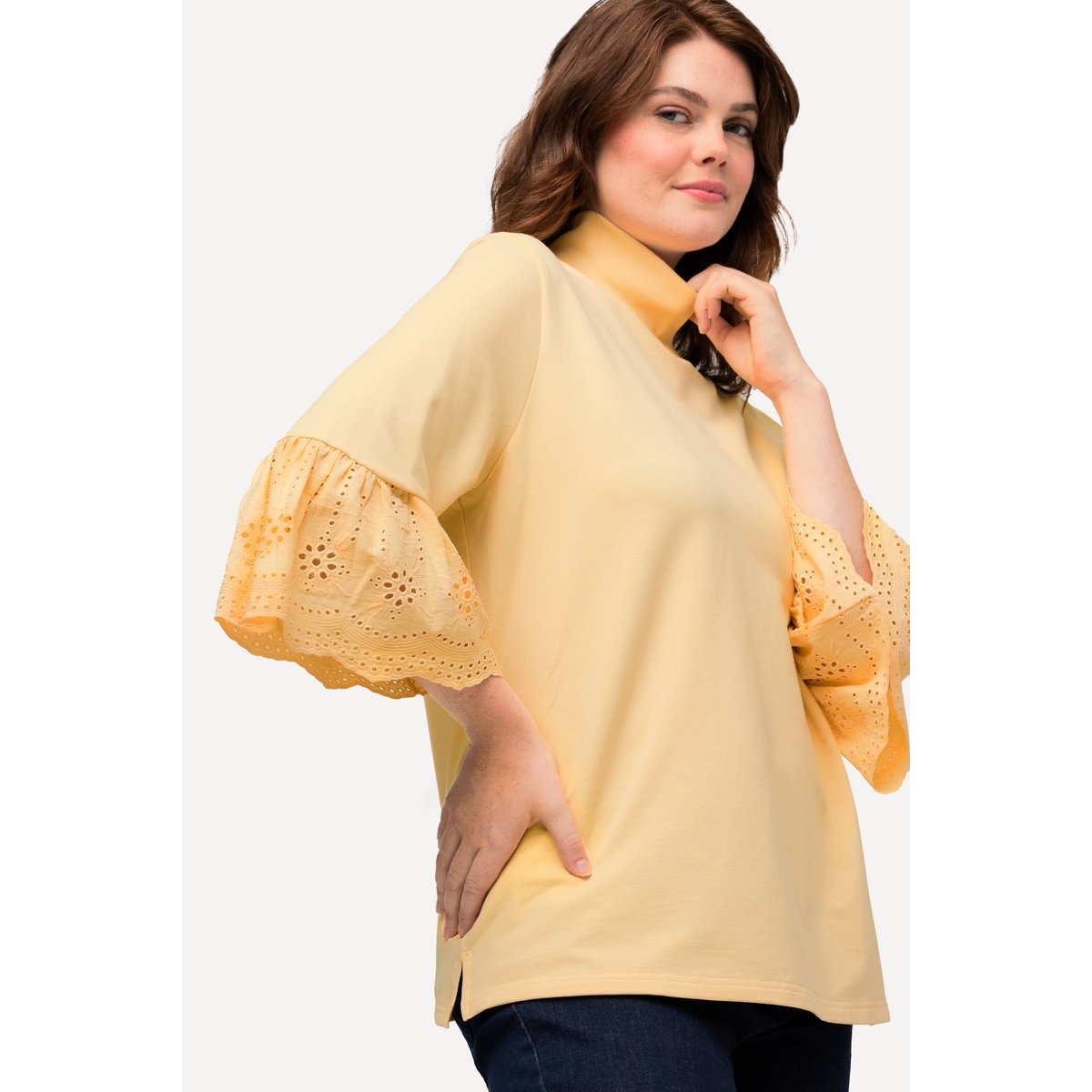 Sweat-shirt à col montant et manches 3/4 jaune clair, ULLA POPKEN