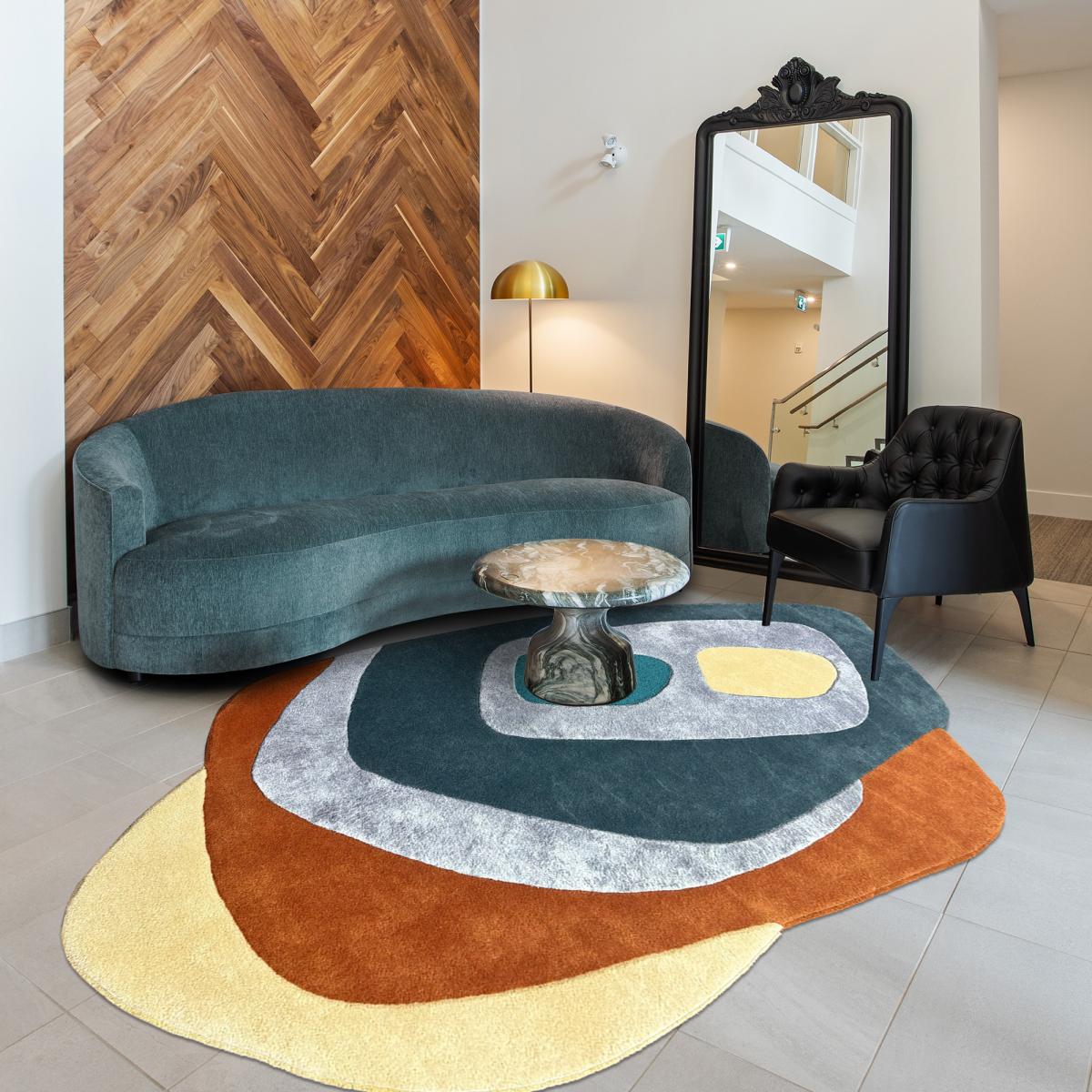 Tapis salon CIRCLAR , tapis en laine et viscose pour un aspect doux et soyeux orange, jaune, multicolore, UN AMOUR DE TAPIS