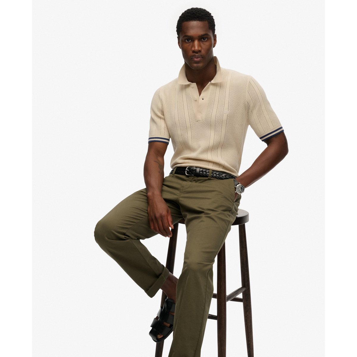 Polo en maille texturée à manches courtes beige avoine, SUPERDRY