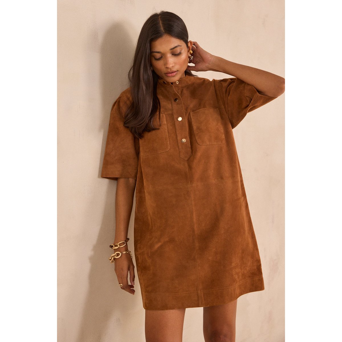 Robe droite en cuir suède PENNY camel fonce, Maison 123