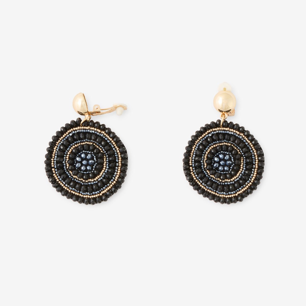 Boucles d'oreilles clips - disques en perles de rocaille noirs et dorés noir, BALABOOSTE