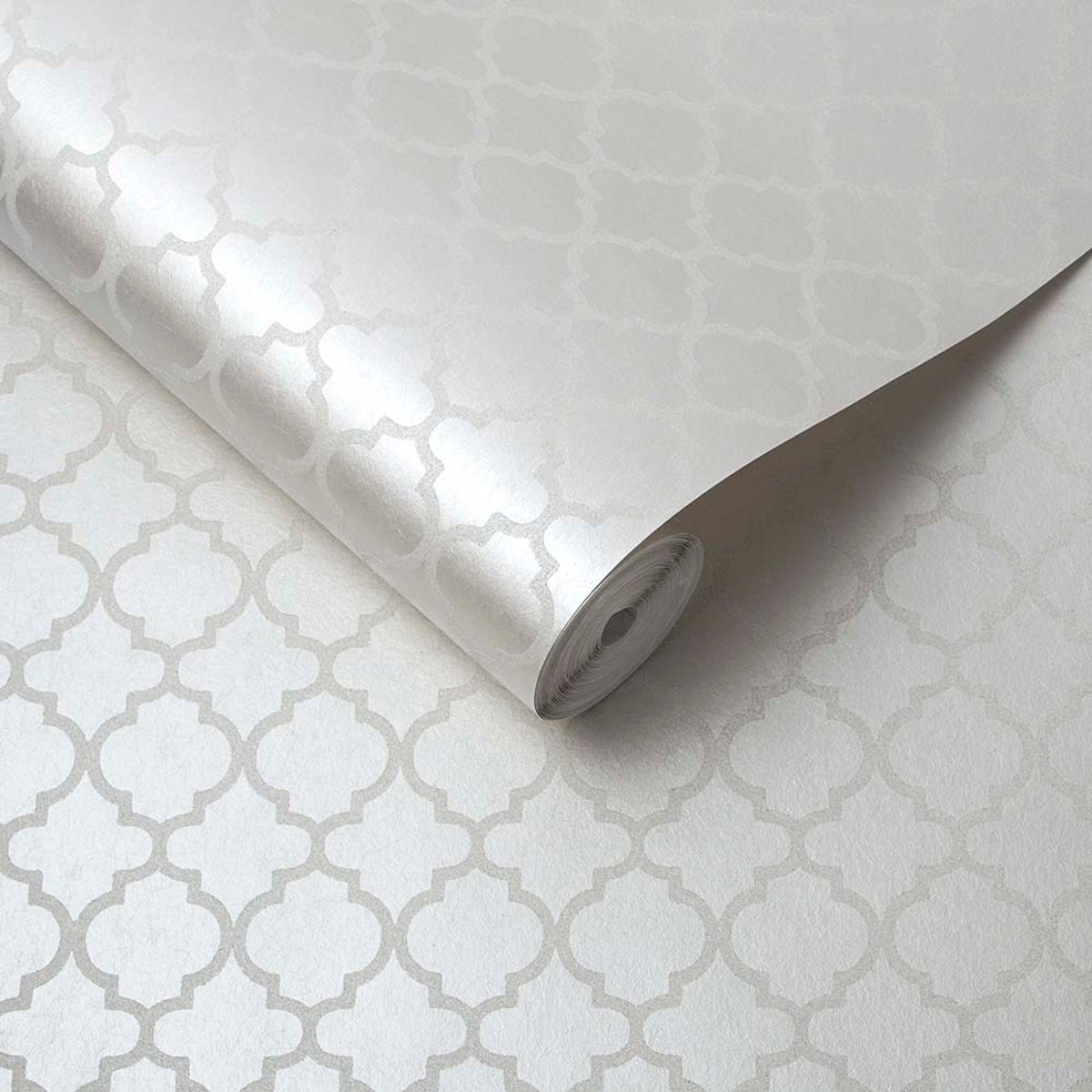 Papier peint quadrillage Trelliage nacré blanc argenté, GRAHAM ET BROWN