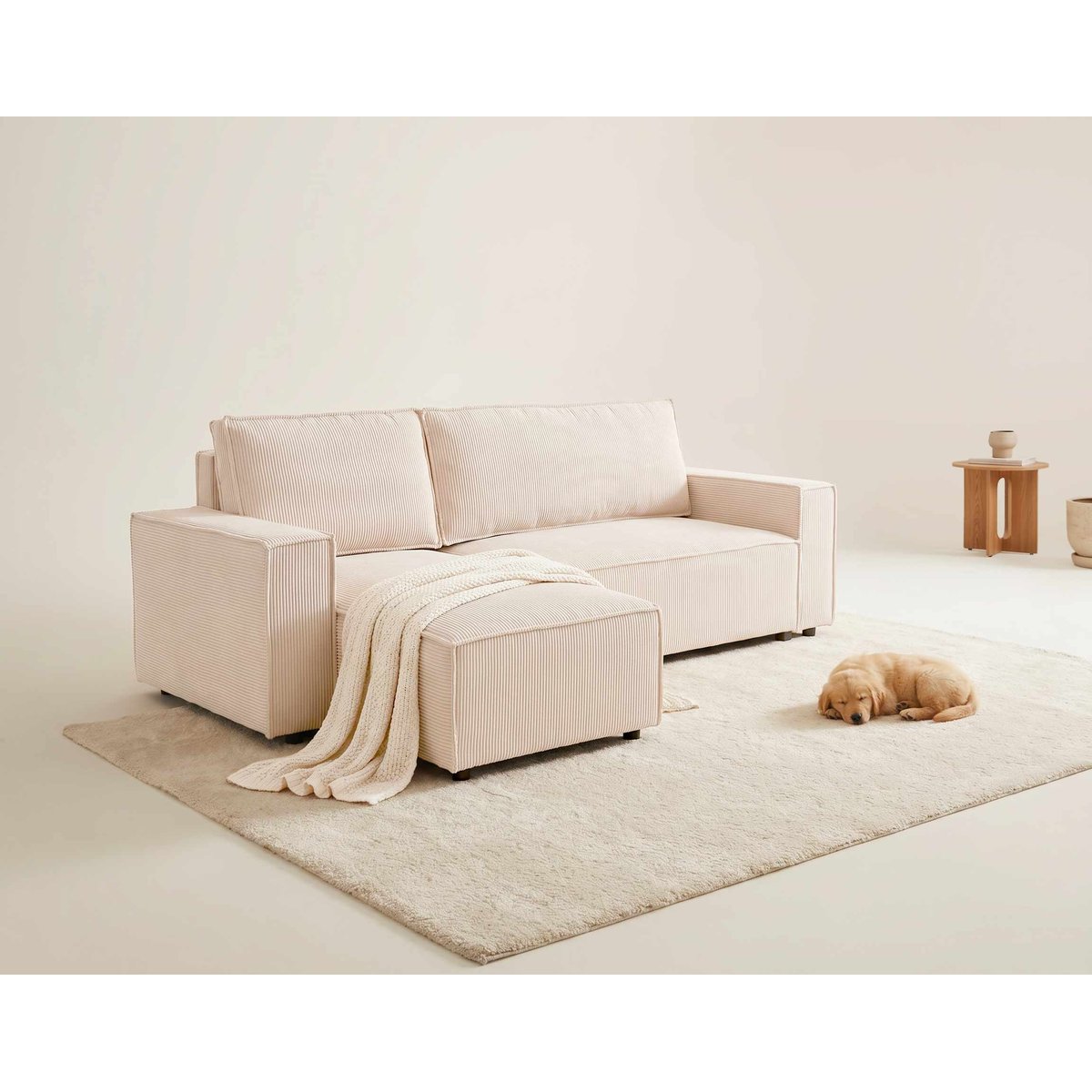 Canapé d'angle convertible velours côtelé, HECTOR beige, BEST MOBILIER