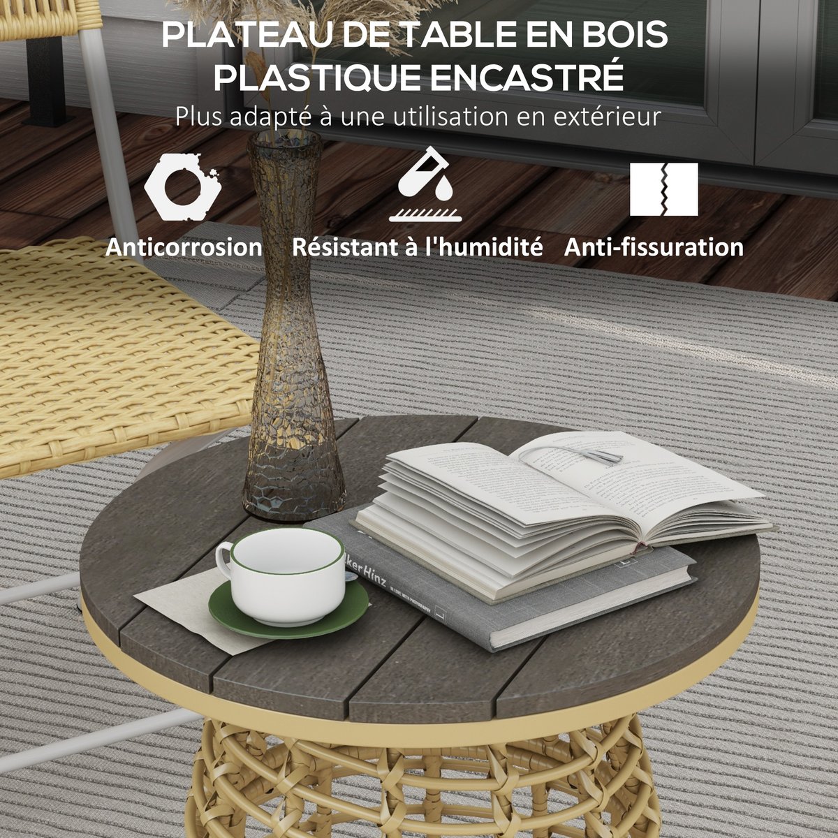 Table d'appoint en rotin Résine tressée beige, OUTSUNNY