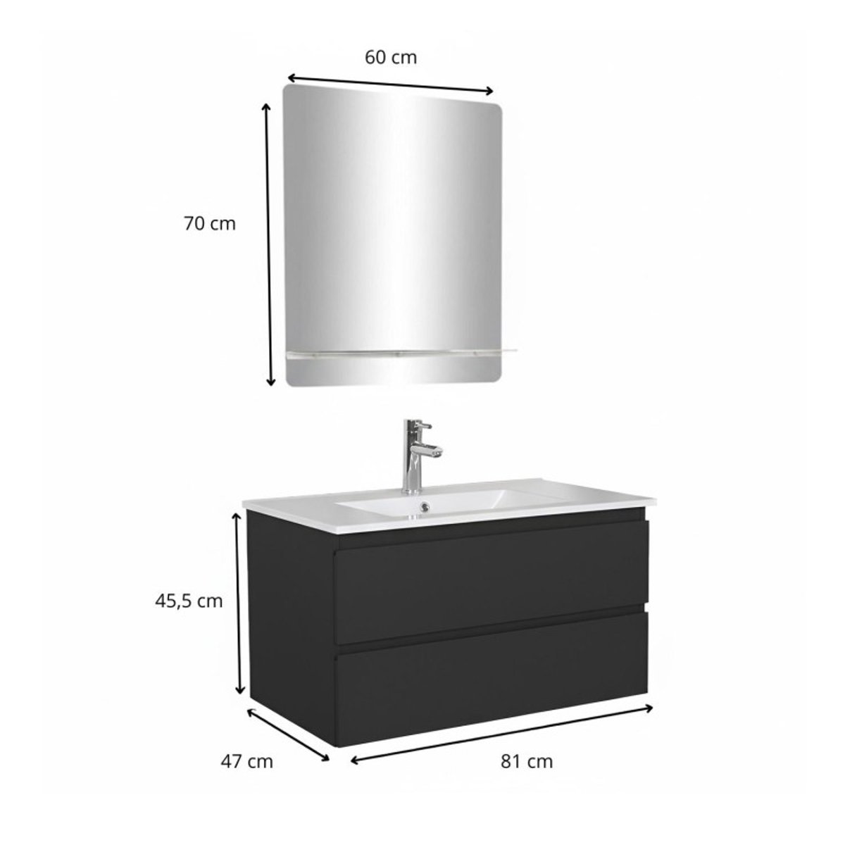 Meuble simple vasque 80cm décor chêne avec robinet et miroir SORRENTO noir satiné, MOB IN