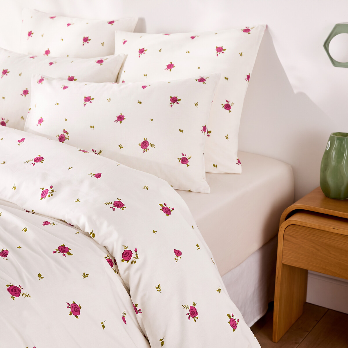 Conjunto de cama en 30% algodón reciclado, funda de almohada cuadrada, estampado de rosas, ROSAN estampado con fondo crudo, LA REDOUTE INTERIEURS