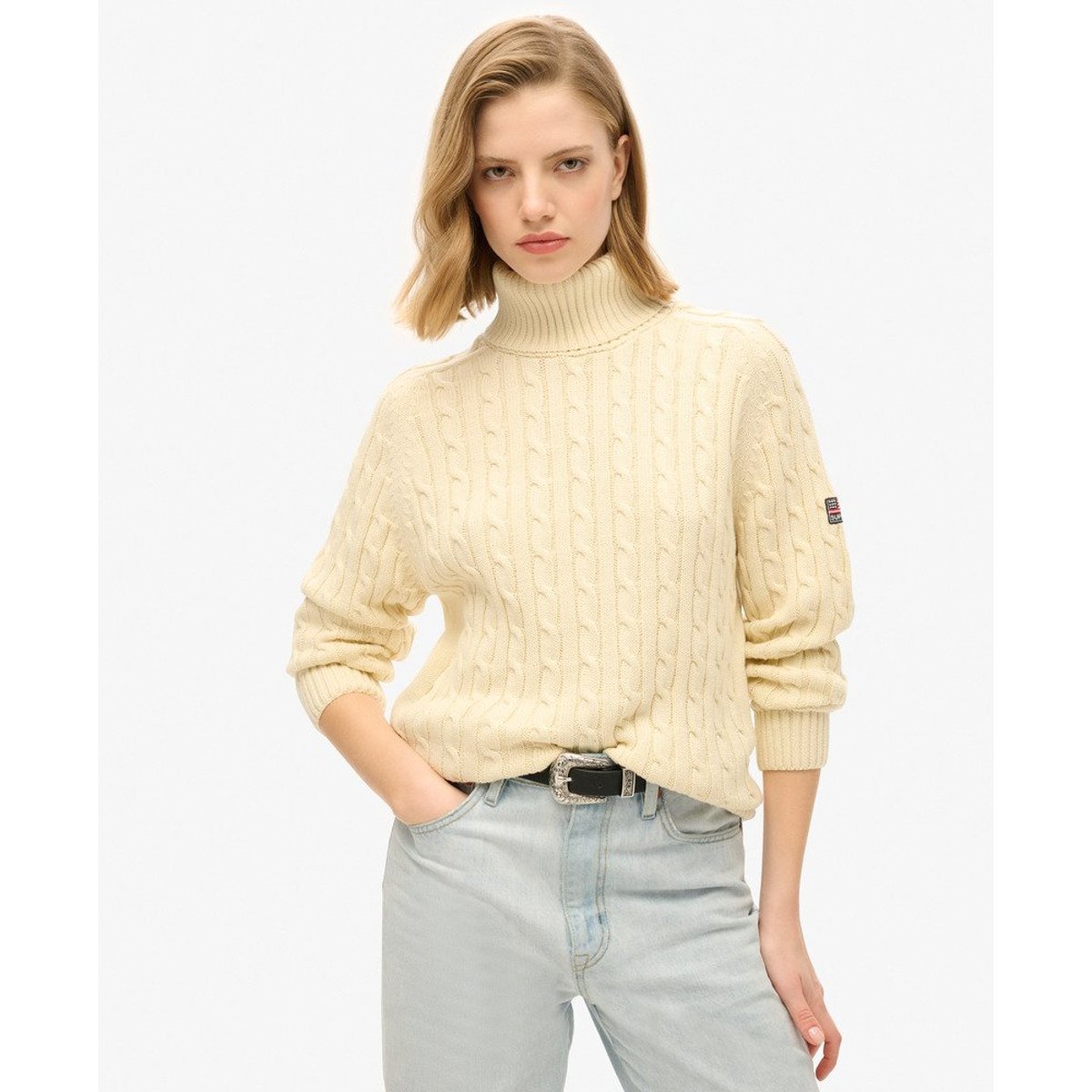 Pull à col roulé en maille torsadée décontracté blanc naturel, SUPERDRY