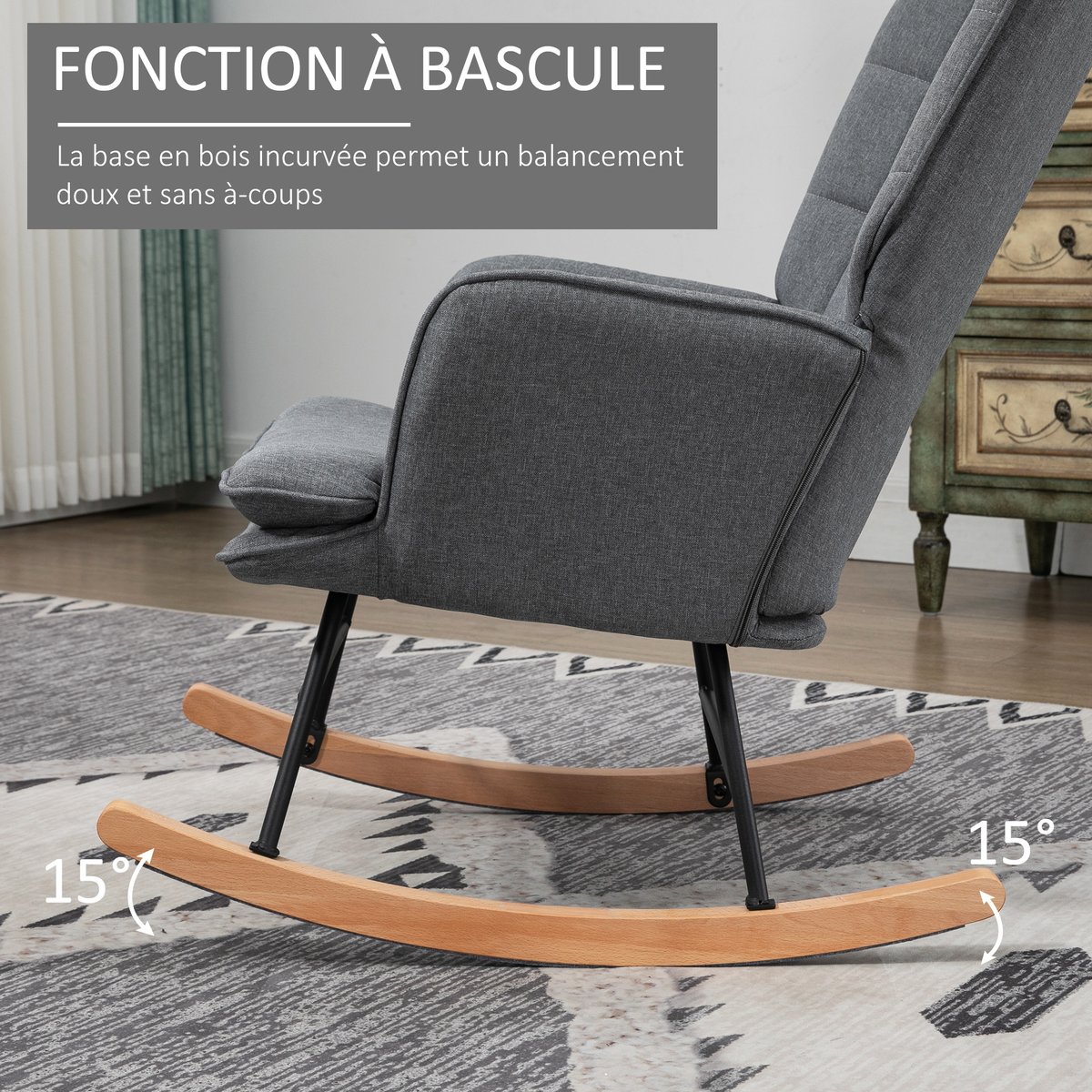 Ensemble de fauteuils à bascule Tissu aspect gris, bois naturel et noir, HOMCOM