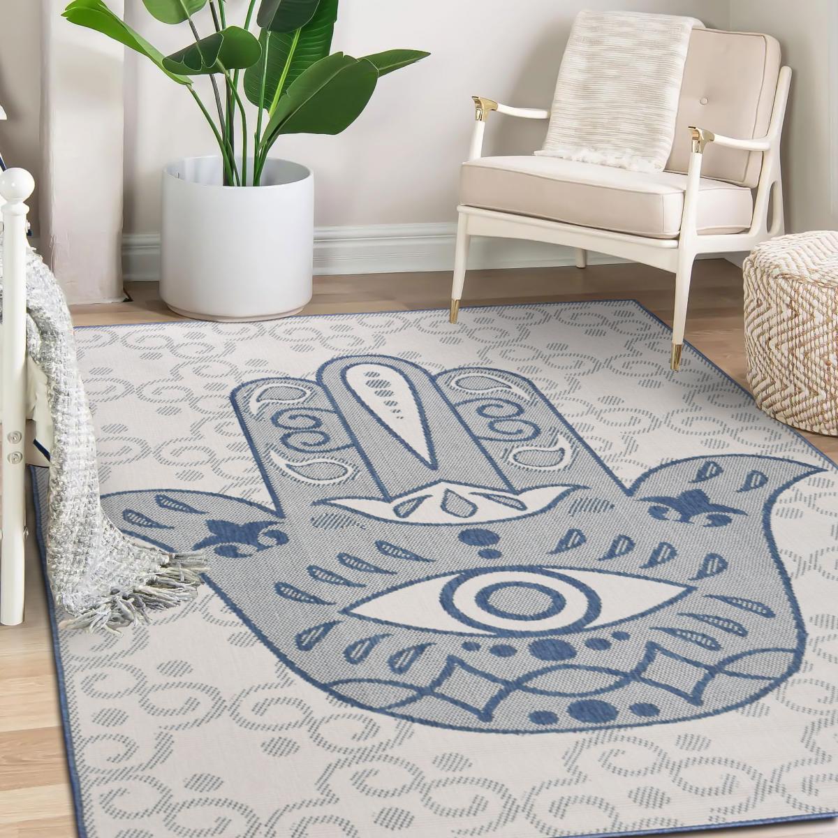 Tapis extérieur, kilim reversible LYN2 L REVERSIBLE bleu, beige, UN AMOUR DE TAPIS