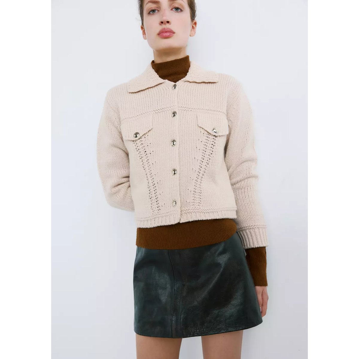 Veste en maille col classique sable, MANGO