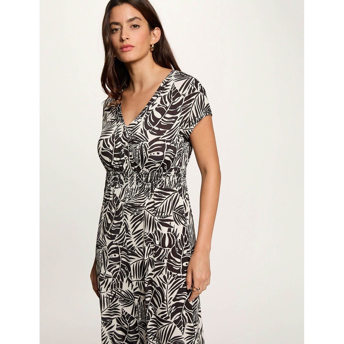 Robe longue manches courtes col v imprimé noir, MORGAN