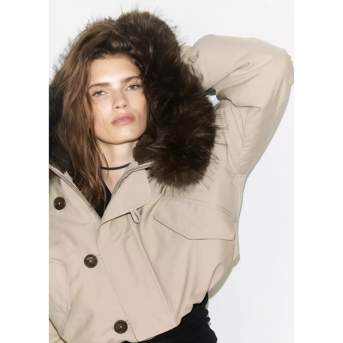 Veste matelassée col imitation fourrure beige, MANGO