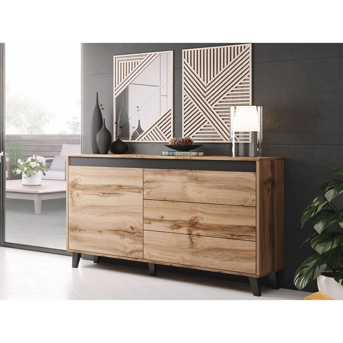 Buffet bas effet bois 3 tiroirs et 1 porte, LORD bois, BEST MOBILIER