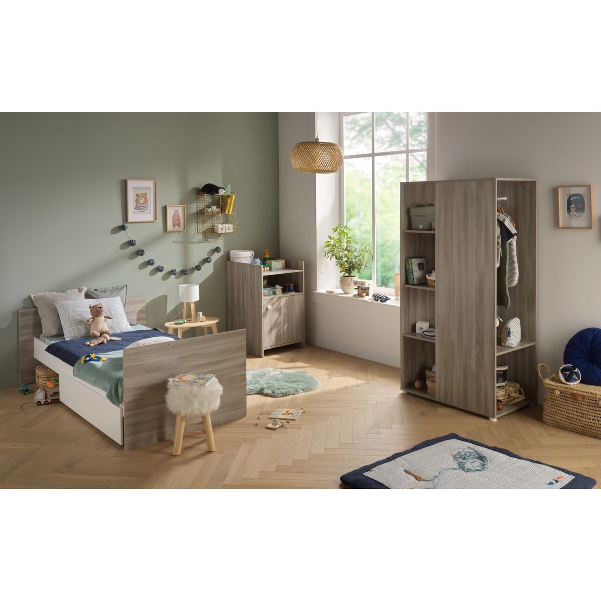 Lit combiné évolutif en décor bois avec commode à langer 1 porte gris, BABY PRICE