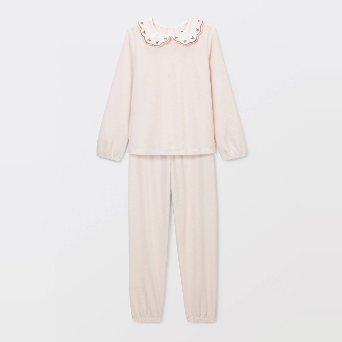 Pyjama velours manches longues avec col claudine uni en coton BIO GOTS poudre, MONOPRIX