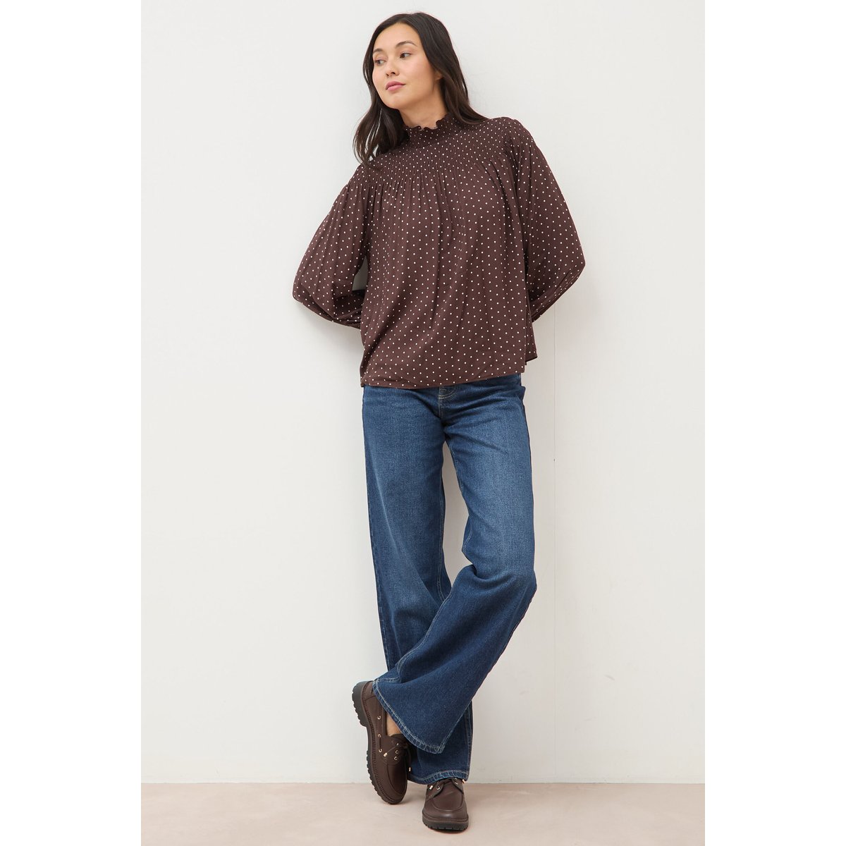 Blouse droite manches longues marron foncé, BONOBO