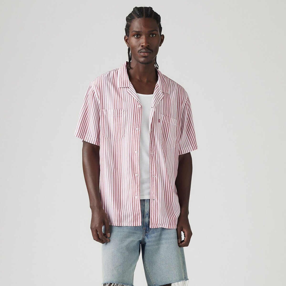 Striped Viscose Shirt with Short Sleeves pink striped, LEVI'S