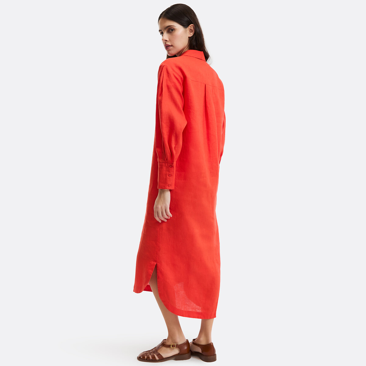 Robe-chemise droite, en lin, longue, manches longues rouge grenadine, LA REDOUTE COLLECTIONS