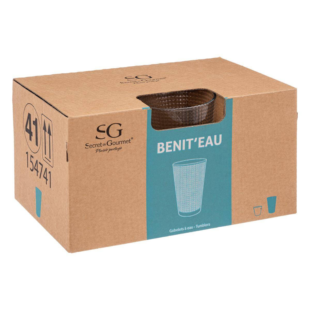 Lot de 6 verres hauts en verre texturé 34 cl BENIT'EAU transparent, SECRET DE GOURMET