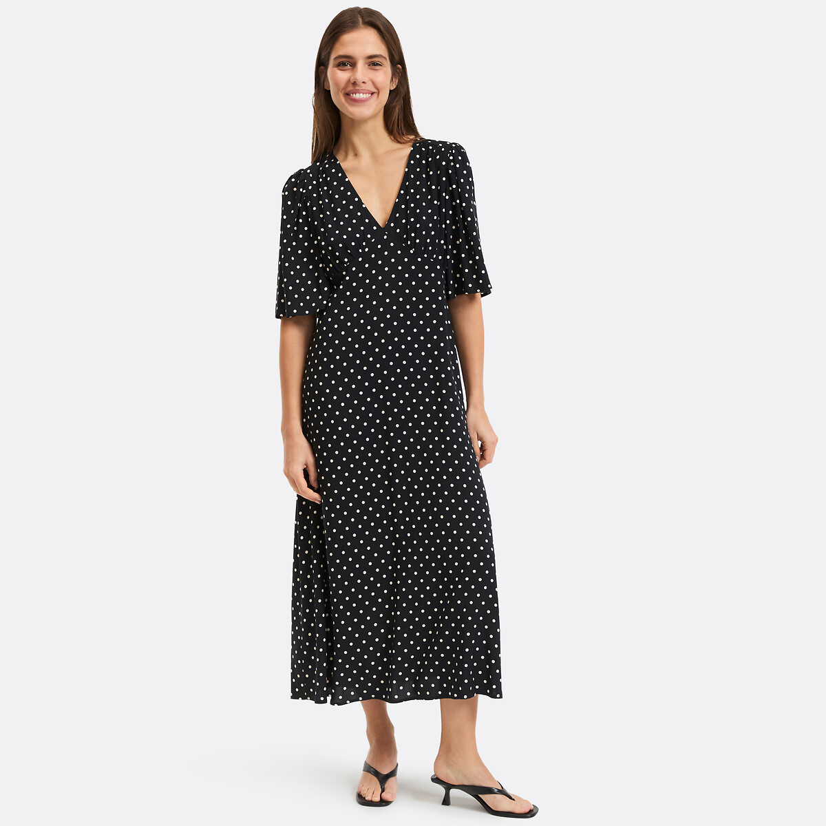 Robe évasée, imprimé à pois, longue, manches courtes imprimé pois, LA REDOUTE COLLECTIONS