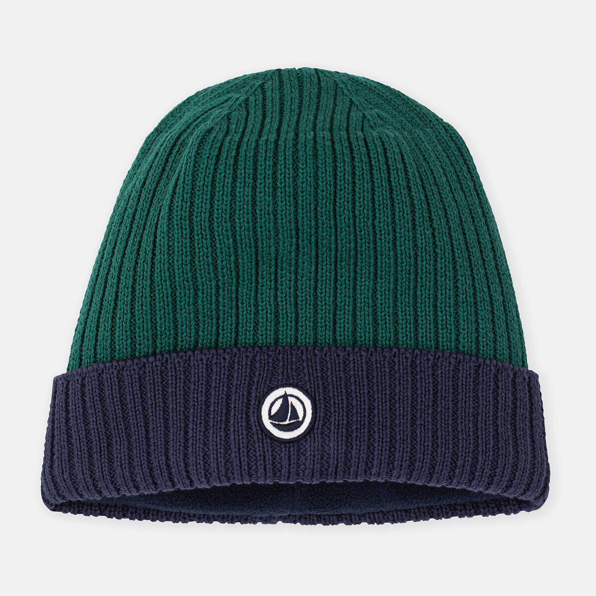 Berretto da bambino in maglia bicolore, foderato in pile blu marine/verde, PETIT BATEAU