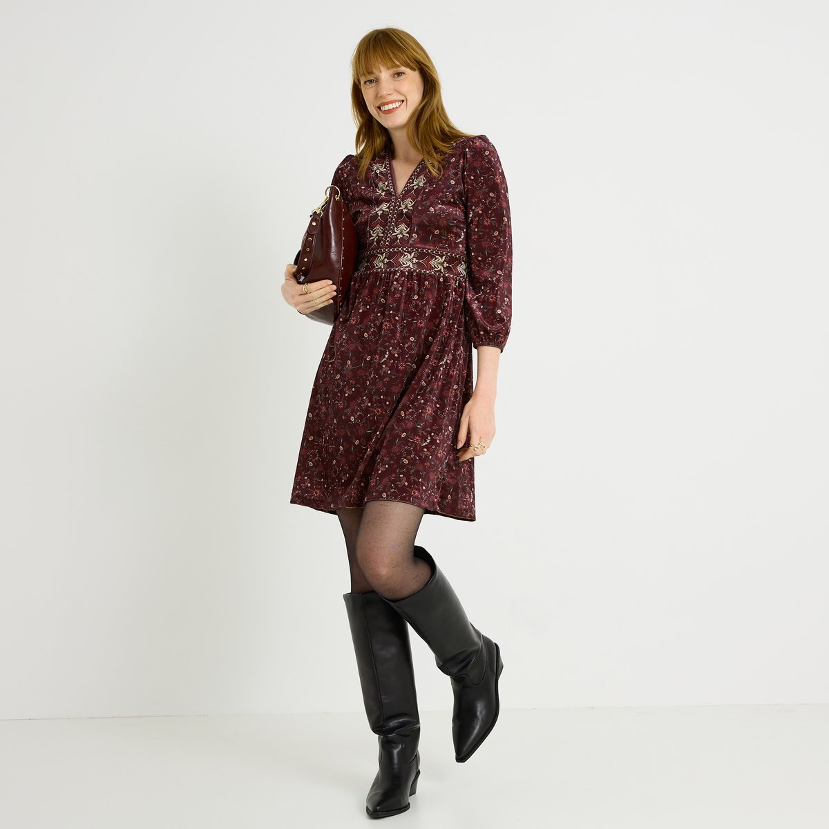 Robe fluide longueur genou à col V orange bordeaux, GRAIN DE MALICE