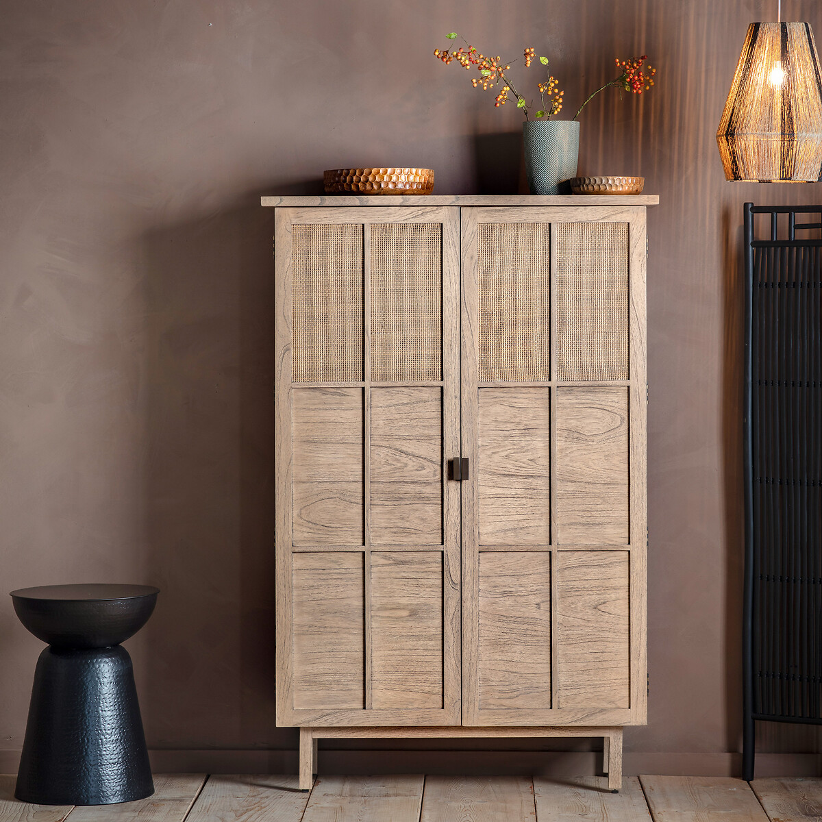 Bharhut Japandi Panelled Rattan 2 Door Cupboard wood, ÉDITÉ