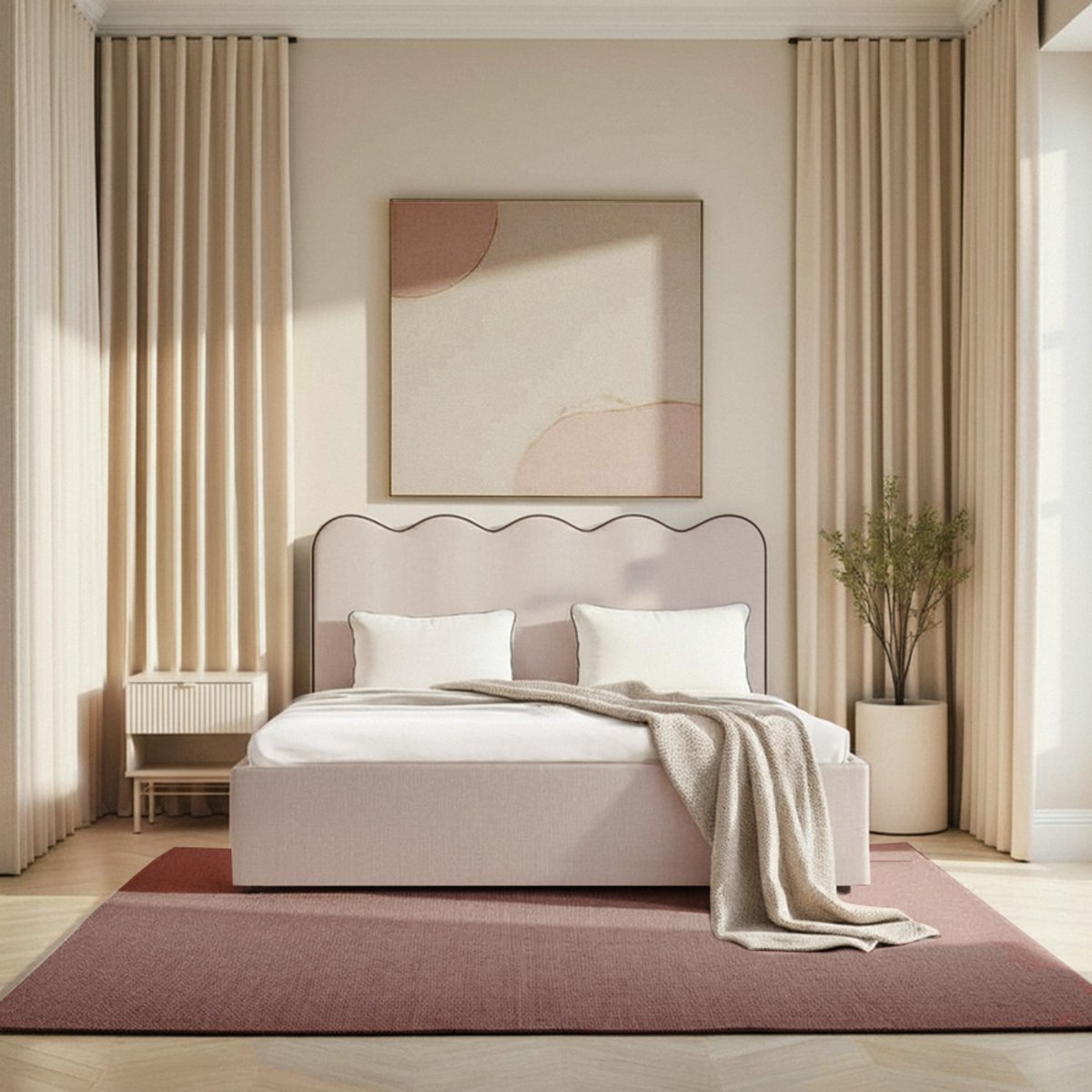Lit coffre en tissu avec tête de lit ondulée 160x200cm- NAGOYA beige, DRAWER