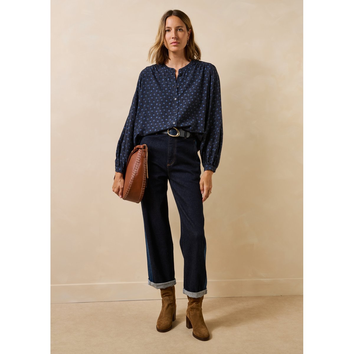 Chemise manches longues col mao à imprimé bleu, LA FEE MARABOUTEE