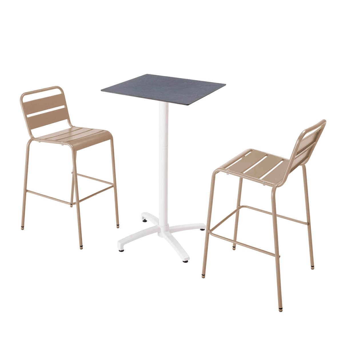 Table haute en HPL inclinable et 2 chaises hautes en métal, OPERA taupe, OVIALA