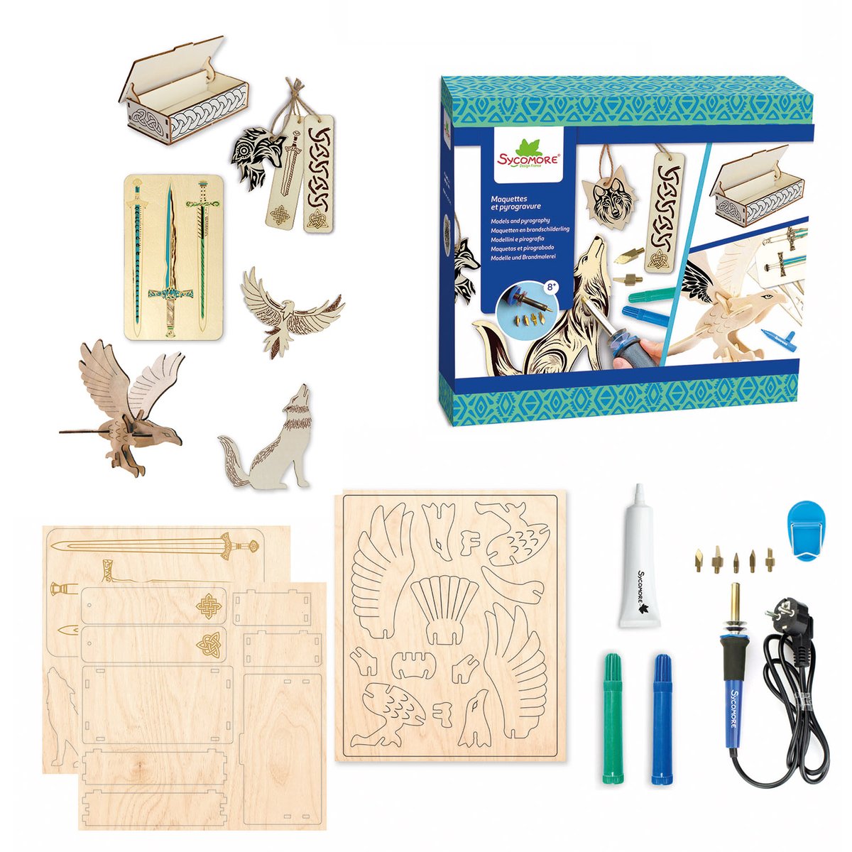Maquettes et pyrogravure Celtique bleu, SYCOMORE