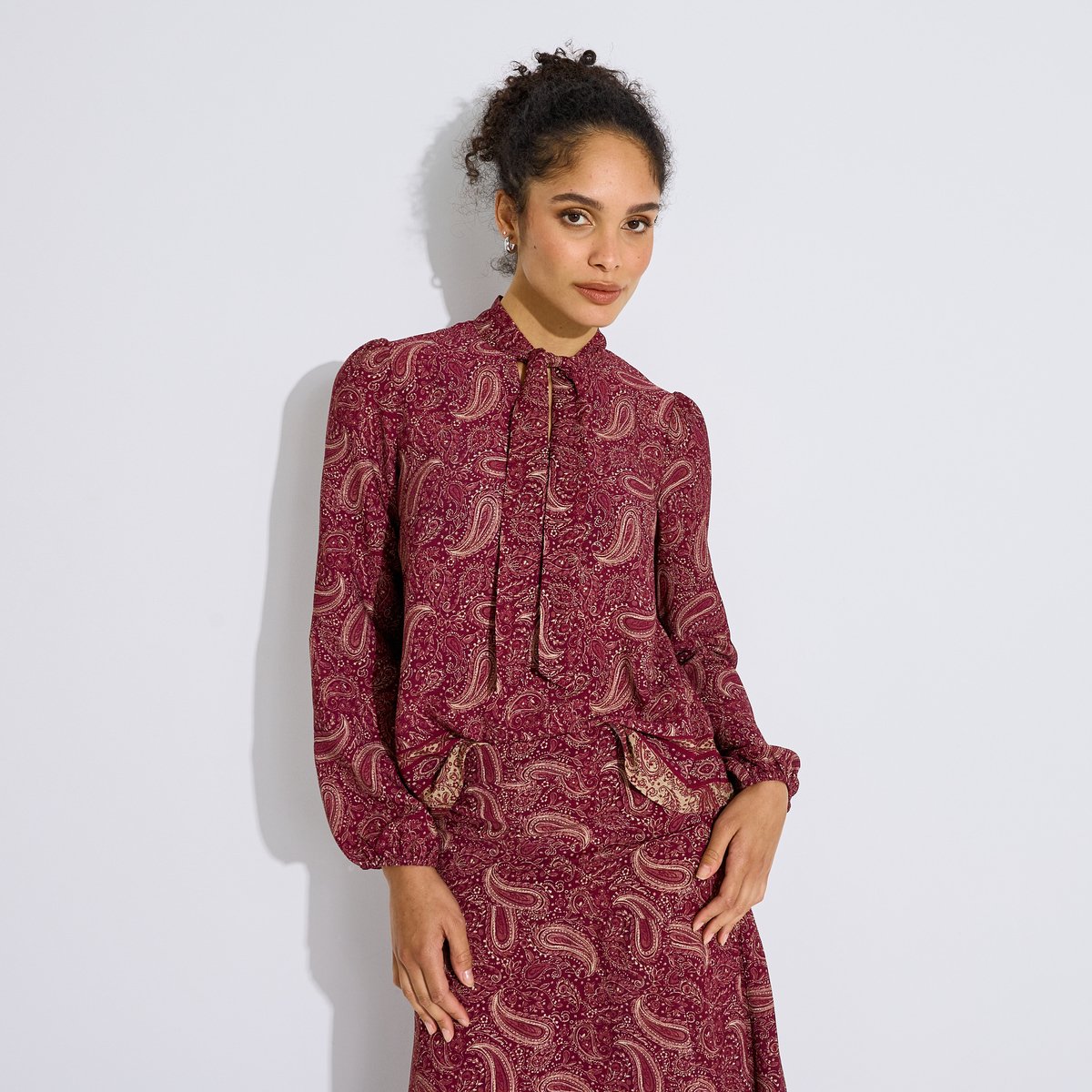 Blouse motif cachemire lavallière orange bordeaux, GRAIN DE MALICE