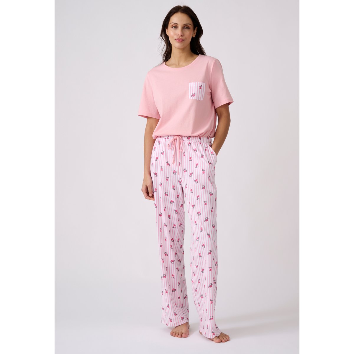 Pyjama en pur coton peigné blanc ecru rayé, DAMART