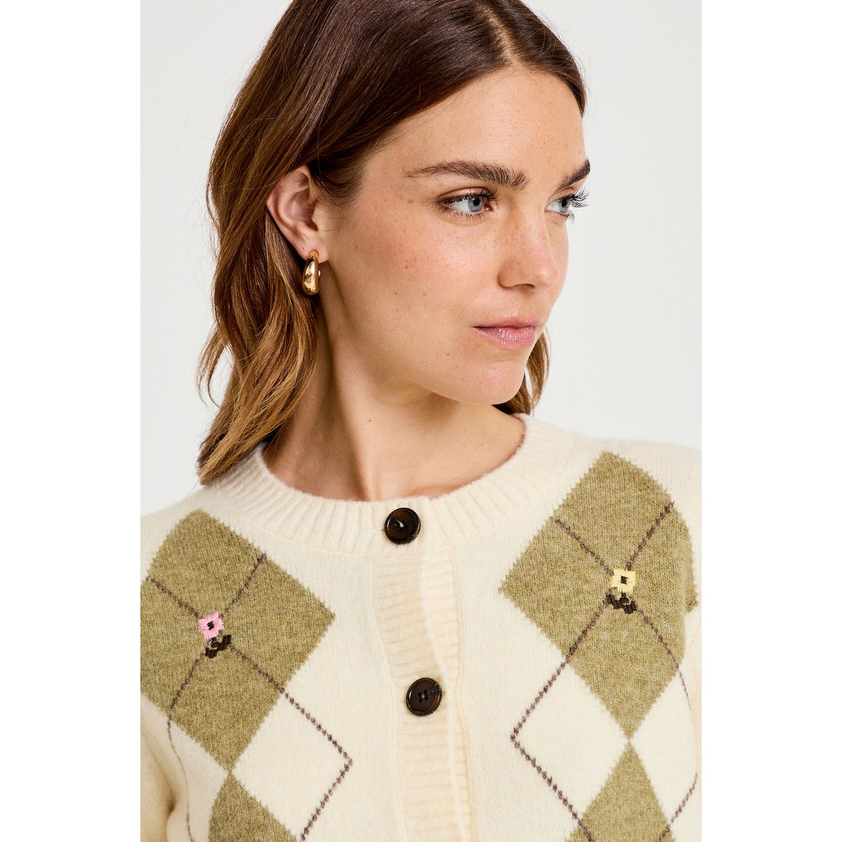 Gilet broderie col rond manches longues ecru, CACHE CACHE
