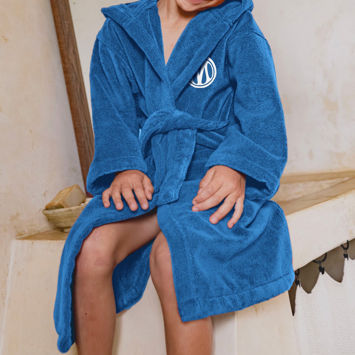 Peignoir enfant brodé 100% coton, OM DRIBBLE bleu, OLYMPIQUE DE MARSEILLE