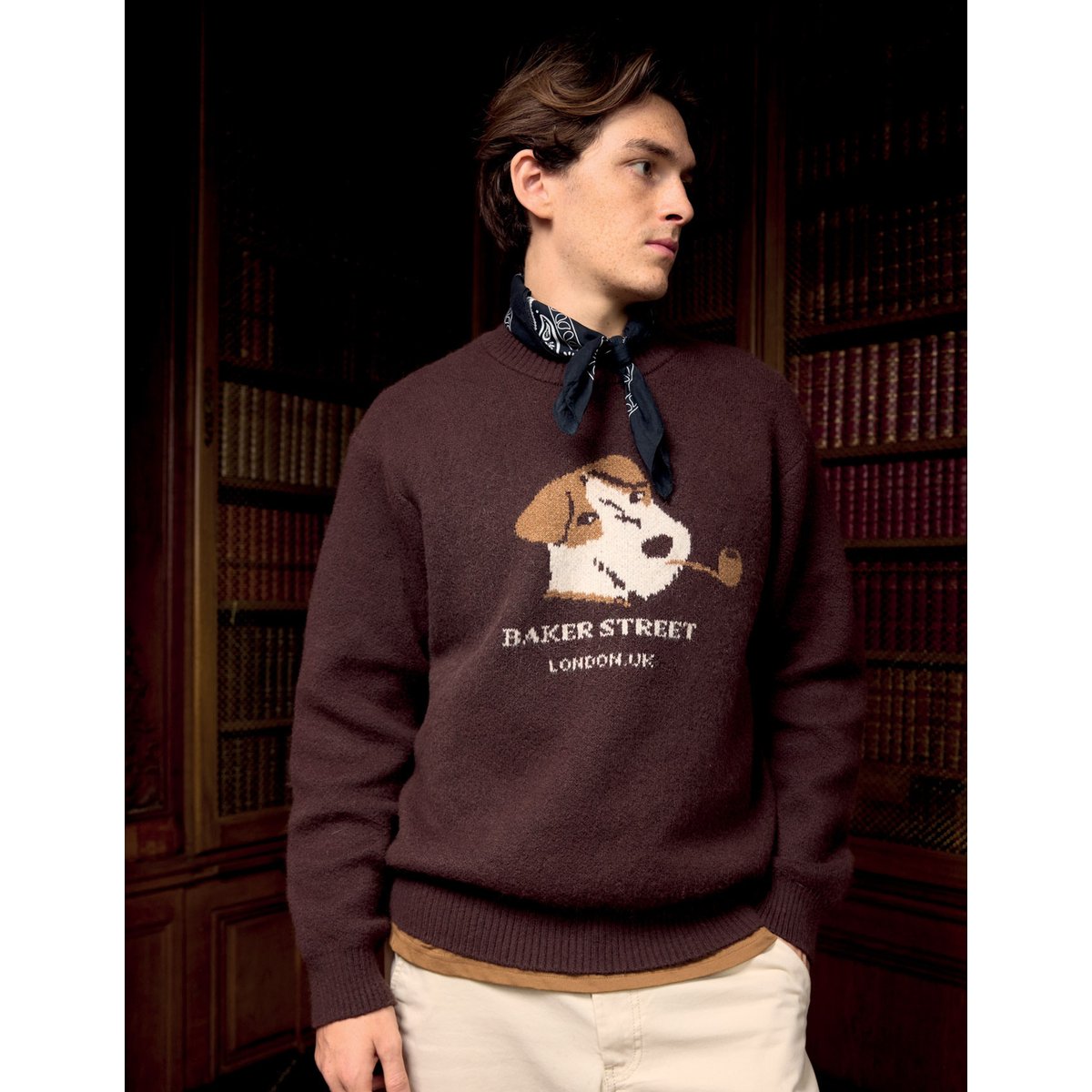 Pull col rond jacquard marron foncée, BZB