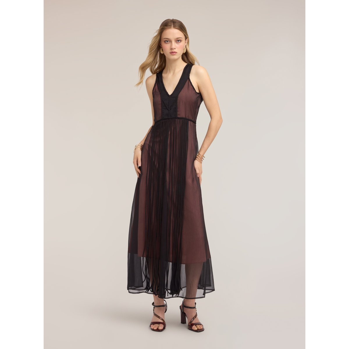 Robe longue ligne A avec franges noir, MOTIVI