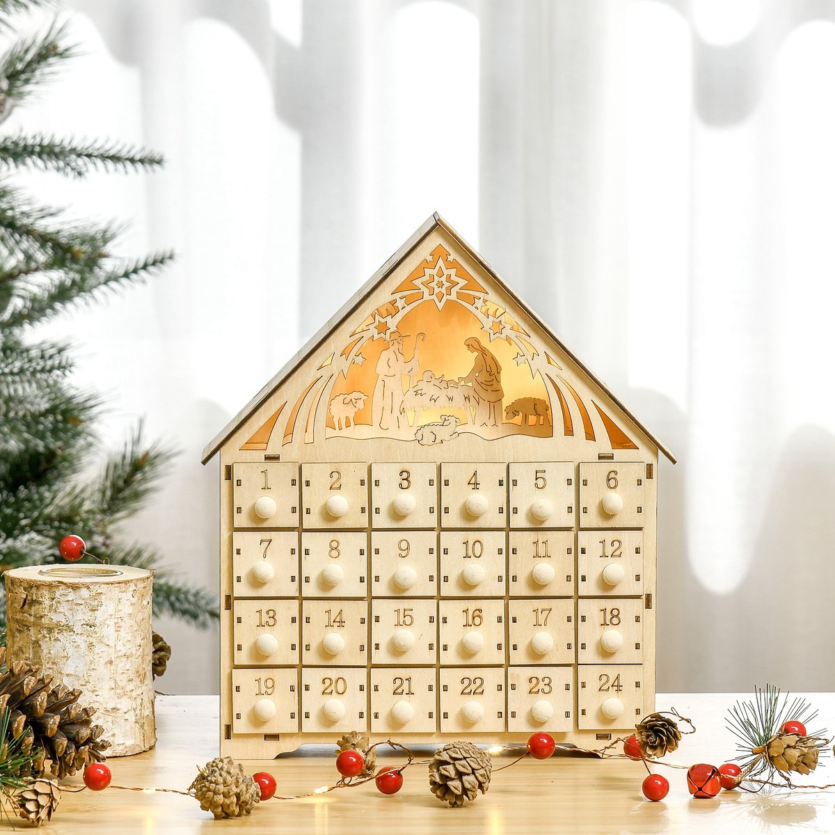 Calendrier de l'Avent de Noël Contreplaqué beige, HOMCOM