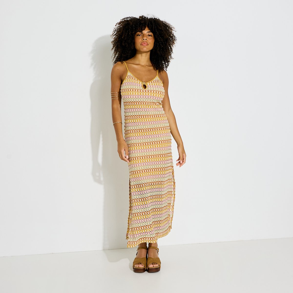 Robe longue en maille fentes latérales jaune safran, GRAIN DE MALICE