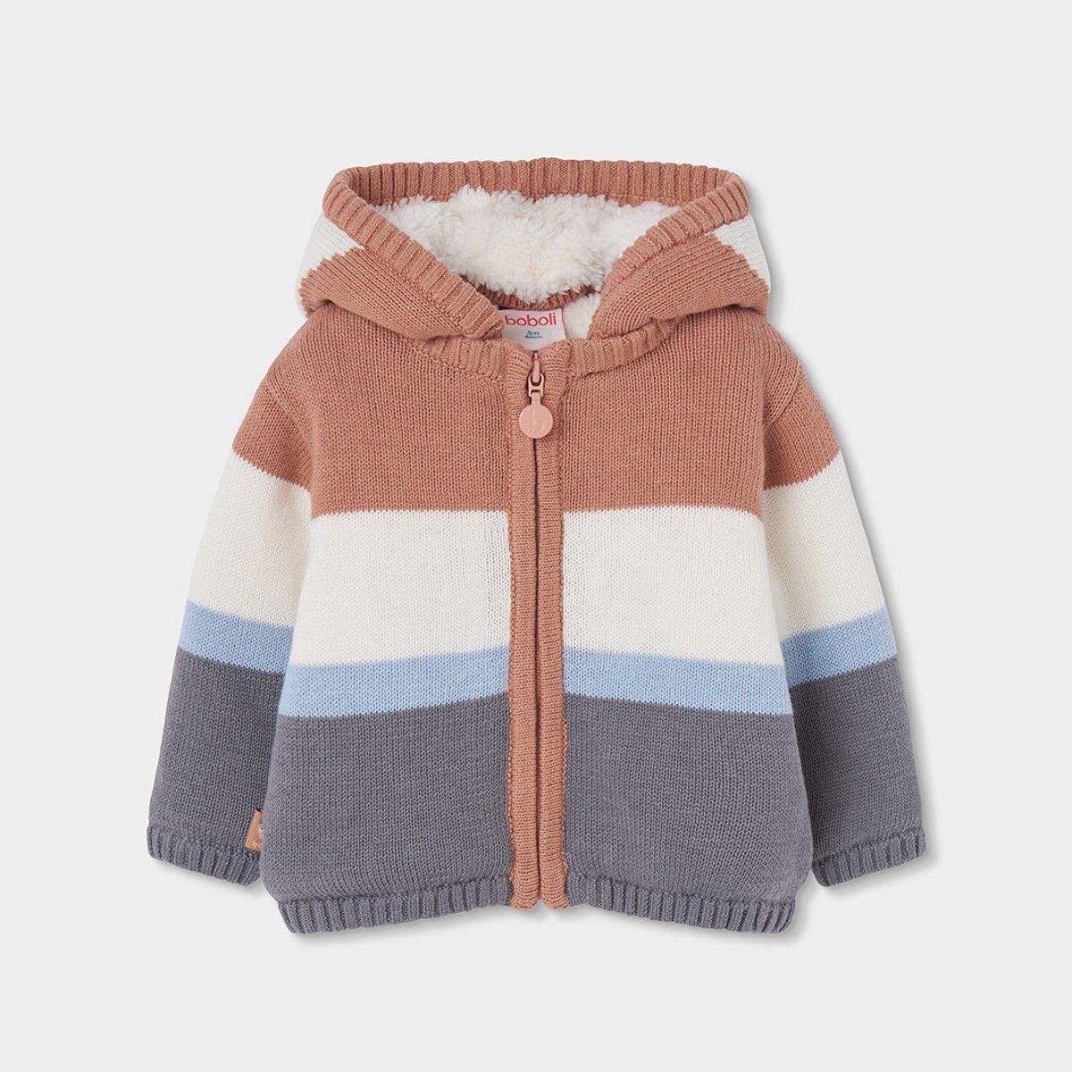 Veste en maille bébé garçon à rayures avec capuche marron, BOBOLI